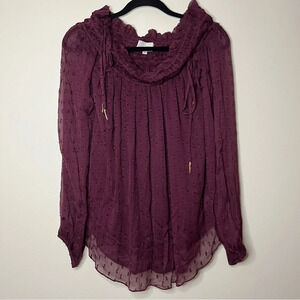 ANTHRO RAHI CALI Off Shoulder Clip Dot Sheer Gold Ties Longsleeve Blouse Top